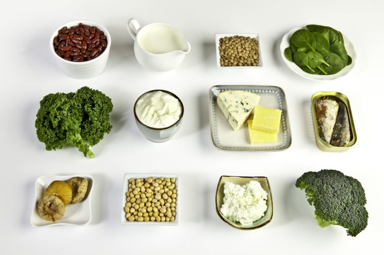 Food sources of calcium, including milk, cheese, ricotta, yoghurt, sardines, kale, broccoli, spinach, soy beans, kidney beans, lentils and figs (as per USDA nutrient databank).